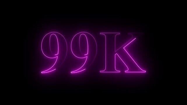Abstract glowing neon light 99K letter animation. 99K followers or subscribers celebrations. 99k animation neon text effect video motion on black background. 99k Followers Celebration text animation.