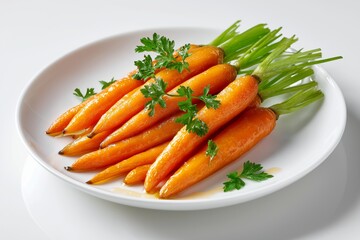 Minimalist food photography of roasted carrots with honey glaze on white ceramic plate, natural daylight, clean background, healthy eating concept