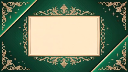 Naklejka premium Elegant green background with ornate gold frame and decorative corners for text or invitation.