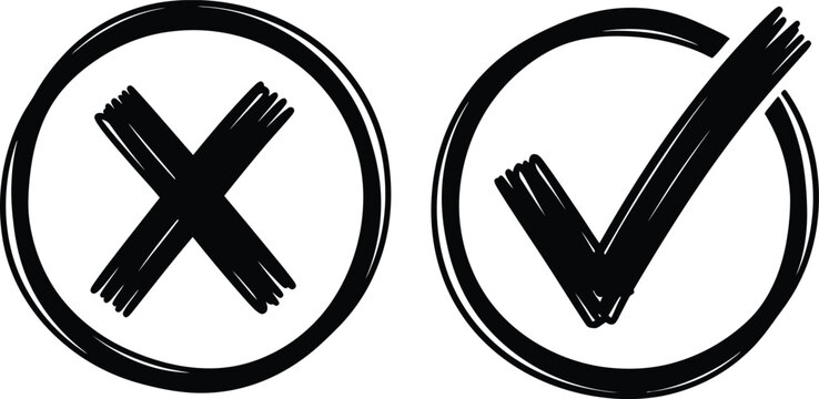 Hand drawn check mark and x mark in circles, black sketch style icons for approval and rejection, yes or no selection