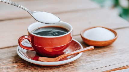 Obraz premium Sugar being poured from a spoon into a red coffee cup on a wooden table, with a small bowl of sugar and a wooden spoon beside it