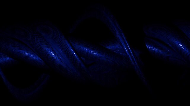 Slowly flowing intertwined dark blue spiral waves with metallic snake skin surface and deep shadows. Surreal abstract form made of twisting ribbons resembling spooky tentacles. Seamless loop 4K 60fps