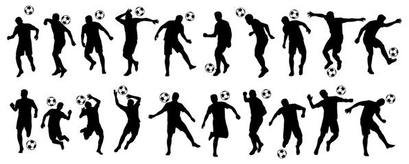 Football playing silhouettes, Soccer football player silhouette collection with ball control and kicking poses