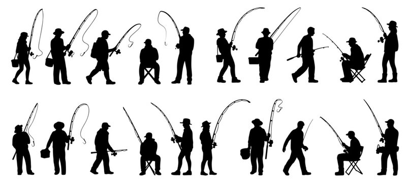 vector silhouettes of fishing people or man, Fishing silhouette set with anglers casting rods and outdoor activity scenes