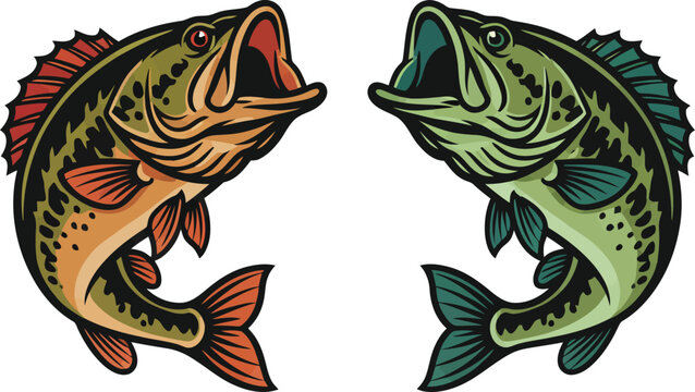 Bass Fish Illustration Set, Jumping Freshwater Fish Cartoon Vector for Fishing Design