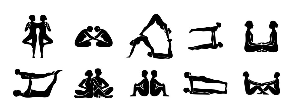 Partner Yoga & Acro Yoga Silhouettes Set &ndash; 12 Black and White Minimalist Couple Poses