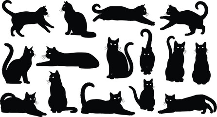 Large collection of black cat silhouettes, vector set featuring felines sitting, jumping, pouncing, stretching, and playing isolated on white background, © Bulbuli