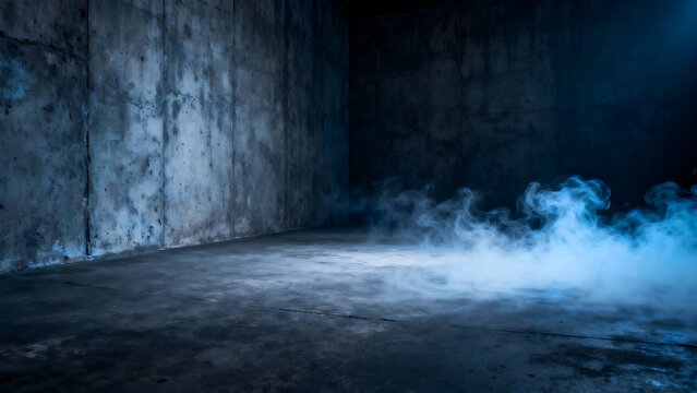Eerie blue smoke billows across the empty concrete floor of a dark, gritty industrial room setting