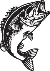 Bass fish silhouette vector illustration for fishing logo, bass fish vector illustration, largemouth bass fish, fishing bass logo icon, vector illustration