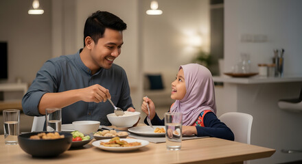 Fototapeta premium A realistic stock photo of a Muslim father and young daughter having suhoor together at home, father serving food on a dining table while smiling at his child, both wearing modest clothing, warm and c