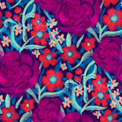 Seamless pattern with bright spring flowers. Digital painting.