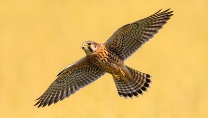 Fototapeta premium Common Kestrel flying with spread wings against yellow background. Wild falcon bird in flight