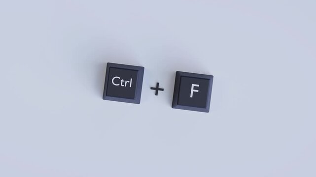 4K 3D Animation of Keyboard Shortcut Ctrl F for Search Function, Productivity and Computer Workflow Concept