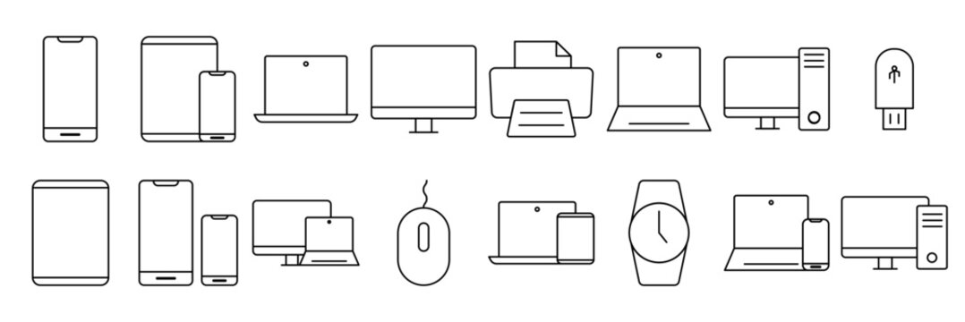 A collection of device icon sets. Icons for monitors, phones, tablets, laptops, and more. Vector illustrations.