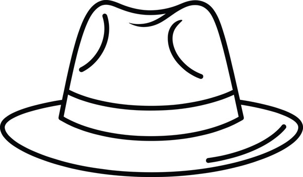 Simple black and white line art vector illustration of a classic felt fedora hat with a wide brim and ribbon.