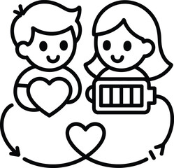 Cartoon couple holding heart and battery symbol
