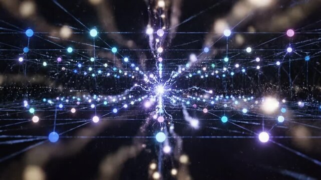 Intricate web of illuminated nodes pulses with light, offering a compelling visual for network technology and data transfer.