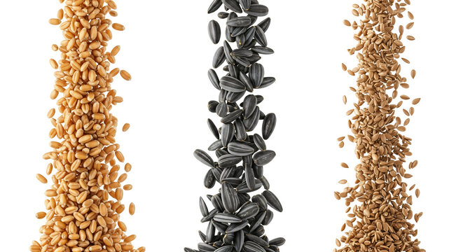 Falling wheat, sunflower, and flax seeds isolated on transparent background for healthy food and agriculture concepts isolated on transparent background
