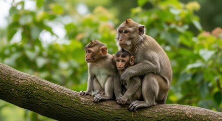 Fototapeta premium Family of Monkeys Sitting Together on a Tree Branch in a Lush Forest.