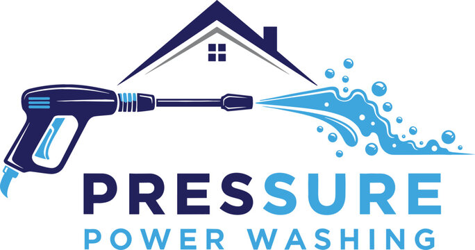 Professional pressure power washing logo with water spray gun and house silhouette for residential cleaning services maintenance business and exterior home care vector illustration isolated on white b