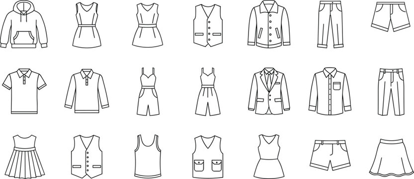 Comprehensive Collection of Fashion and Clothing Line Icons Featuring Hoodie Dress Suit Jacket Shirt Trousers and Skirt for Retail Design