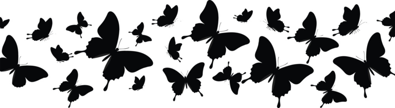 Decorative vector set featuring a horizontal swarm of diverse butterfly silhouettes in flight for nature and seasonal design