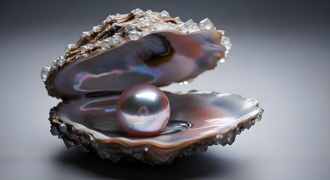 Precious Natural Pearl: Large iridescent pearl inside open oyster shell with crystal crust, luxury jewelry, rare treasure, beauty in nature, wealth and elegance concept