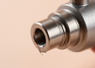 Close-Up of Stainless Steel Pump Head with Droplet on Peach Background