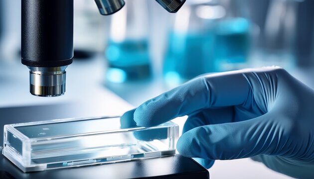 laboratory hand placing sample in microscope slide