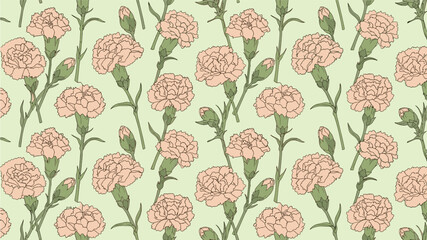 Seamless pattern of hand drawn peach carnation flowers and buds with green stems is set against a light green background.