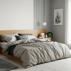 A modern bedroom with a large bed, wooden headboard, and minimalistic decor.