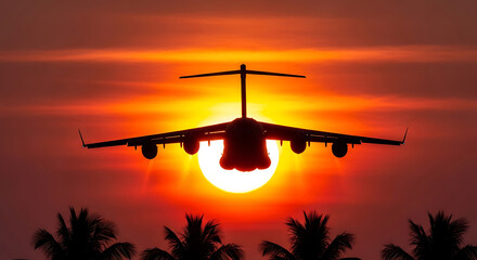 An airplane flies directly towards the camera against a vibrant orange sunset with silhouetted palm trees below