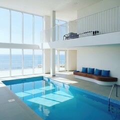 Modern indoor swimming pool with ocean view and lounge area on the upper level