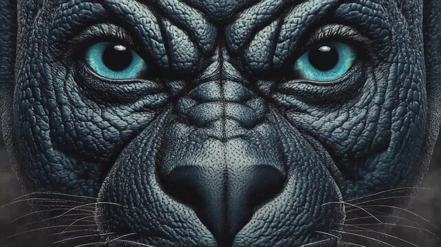 A detailed close-up of a creature's face with intense blue eyes, textured skin