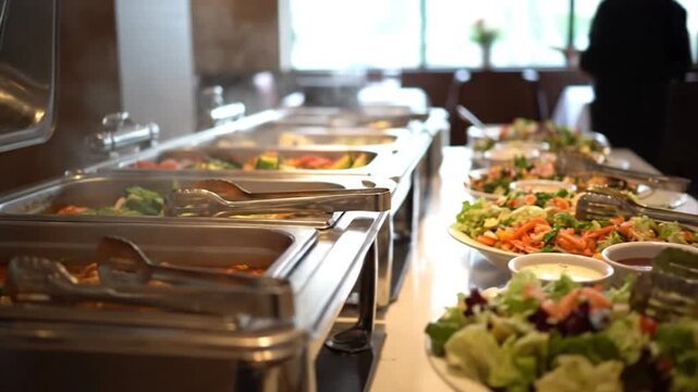 A buffet table showcases various dishes in heated stainless steel pans with steam rising, near a window