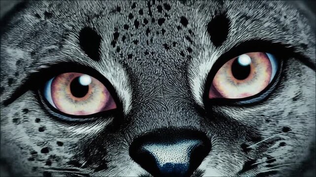 Close-up illustration of a cat's face with intense eyes, intricate fur details. The gaze is powerful