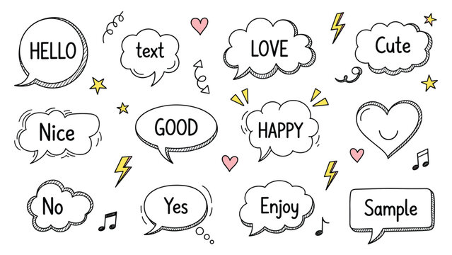 Set of hand drawn speech bubbles with positive words like hello love and happy with cute and decorative doodle elements.
