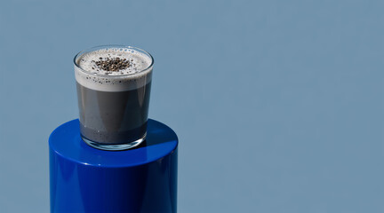 Black sesame latte with foam on a blue pedestal. Modern minimalist beverage photography with copy space. Healthy charcoal smoothie in a glass