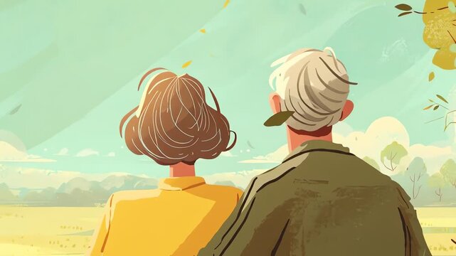 Elderly couple sitting in a field.