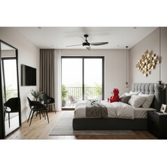 Modern living room with a cozy sofa and a view of a garden