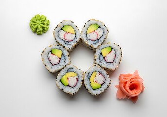 Circle of California Sushi Rolls with Wasabi and Ginger Rose on White