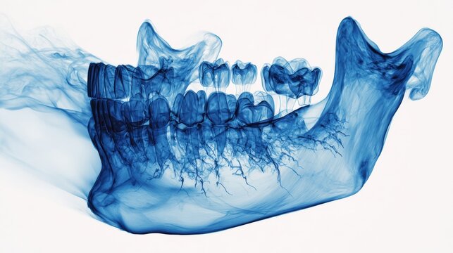 3D Model of Lower Jaw Showing Wisdom Tooth Roots Near Nerve Canal With Bright White Background