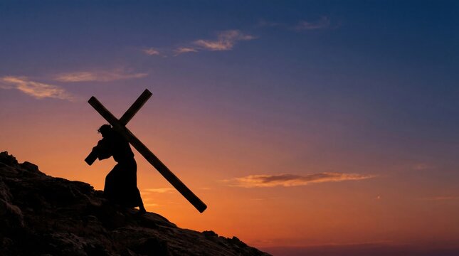 Silhouette of a person carrying a large wooden cross on a hill against a vibrant sunset sky, symbolizing faith and sacrifice.