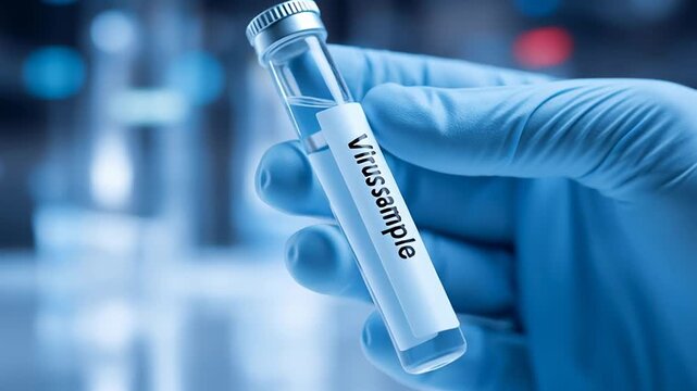 Gloved hand holding test tube labeled virus sample in laboratory environment representing medical research diagnostic testing and infectious disease control
