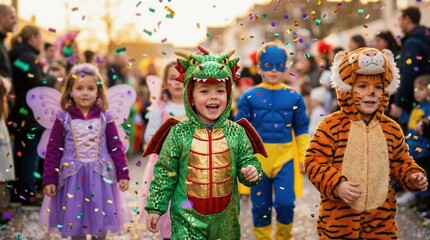 Plakat Group of children dressed as funny characters on street carnival with confetti. New Year, December. Halloween children. Celebration Wallpaper, poster.