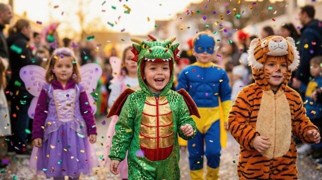 Group of children dressed as funny characters on street carnival with confetti. New Year, December. Halloween children. Celebration Wallpaper, poster.