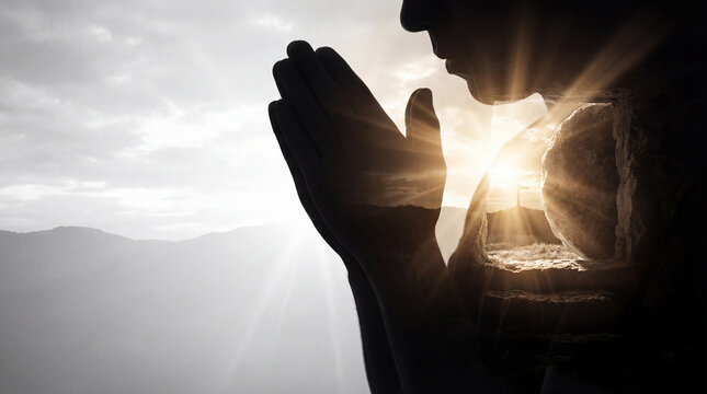 double exposure of praying man and empty tomb with stone. jesus christ resurrection concept. easter sunrise landscape. christian banner, website header with copyspace.