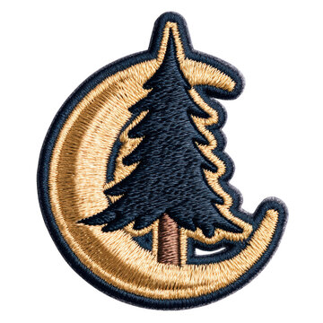 Embroidered tree moon patch with gold embroidery and navy thread creating cozy outdoor vibe