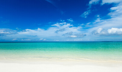tropical beach in Maldives with few palm trees and blue lagoon © Pakhnyushchyy