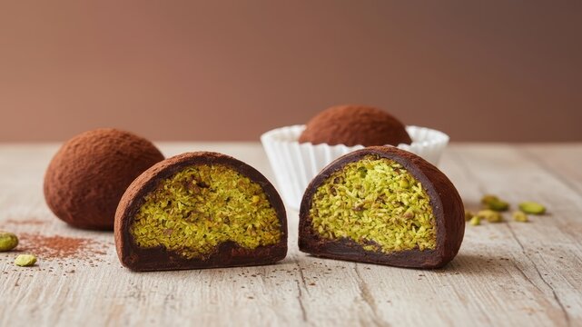 Dubai chewy cookies are opened revealing green pistachio filling on wooden surface